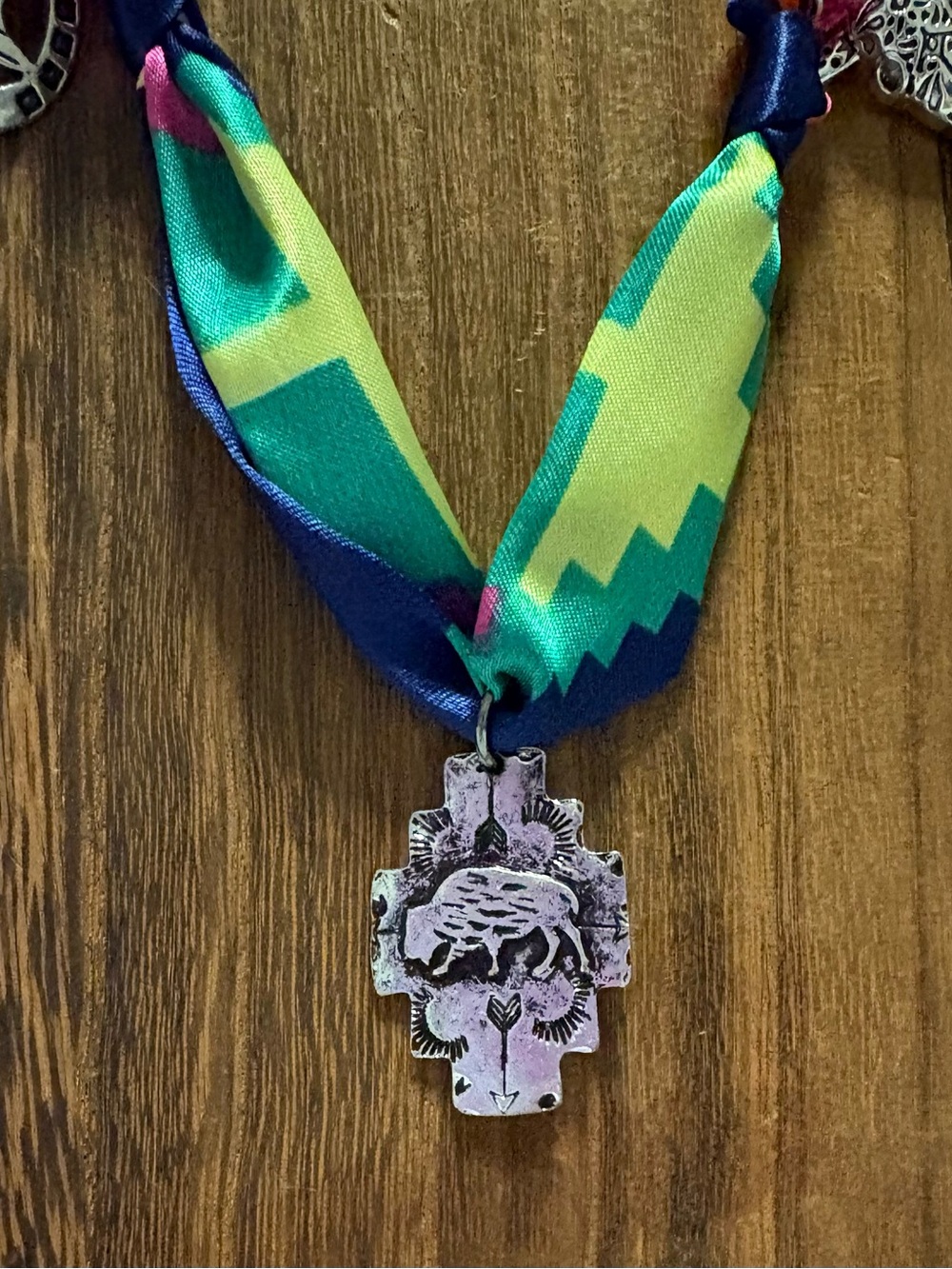 Colorful Southwestern-Inspired Green pink  & Blue Necklace with Silver Pendants - Picture 2 of 5